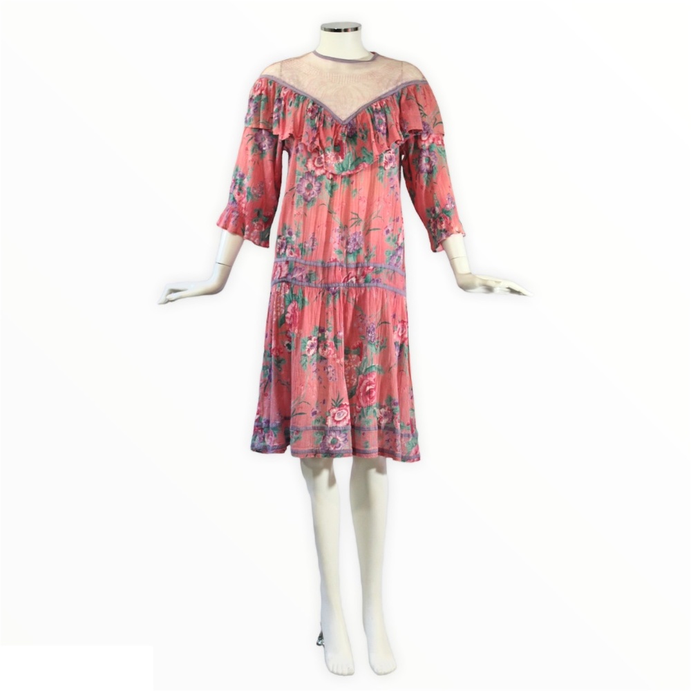 🌟VINTAGE🌟 1970s Adini Indian Cotton Chic Boho Floral Frock - Size P / Sm - Med